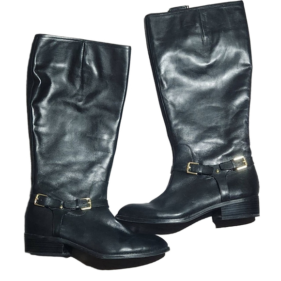 Ralph Lauren Black Leather Knee High Boots Gold Buckle 9.5 - Picture 2 of 6